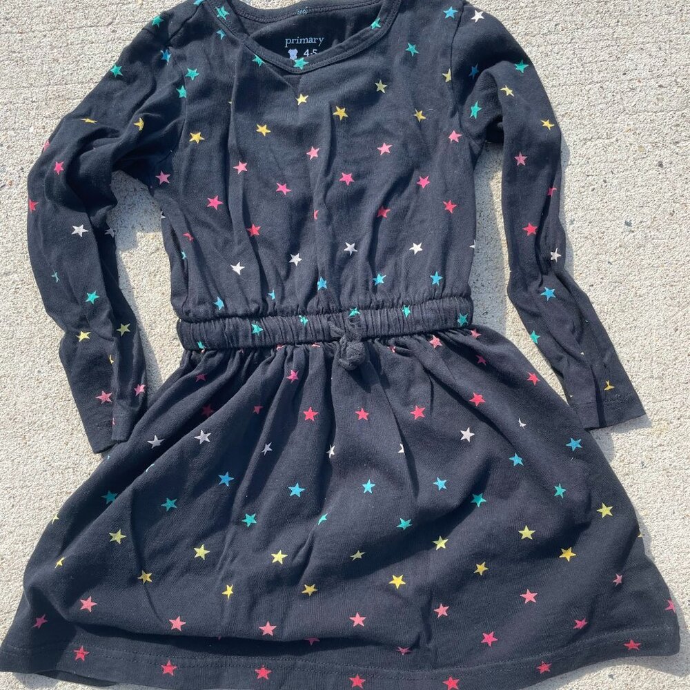 Primary Kids Long Sleeve Drawstring Dress - Rainbow Stars - Size 4-5 - Black